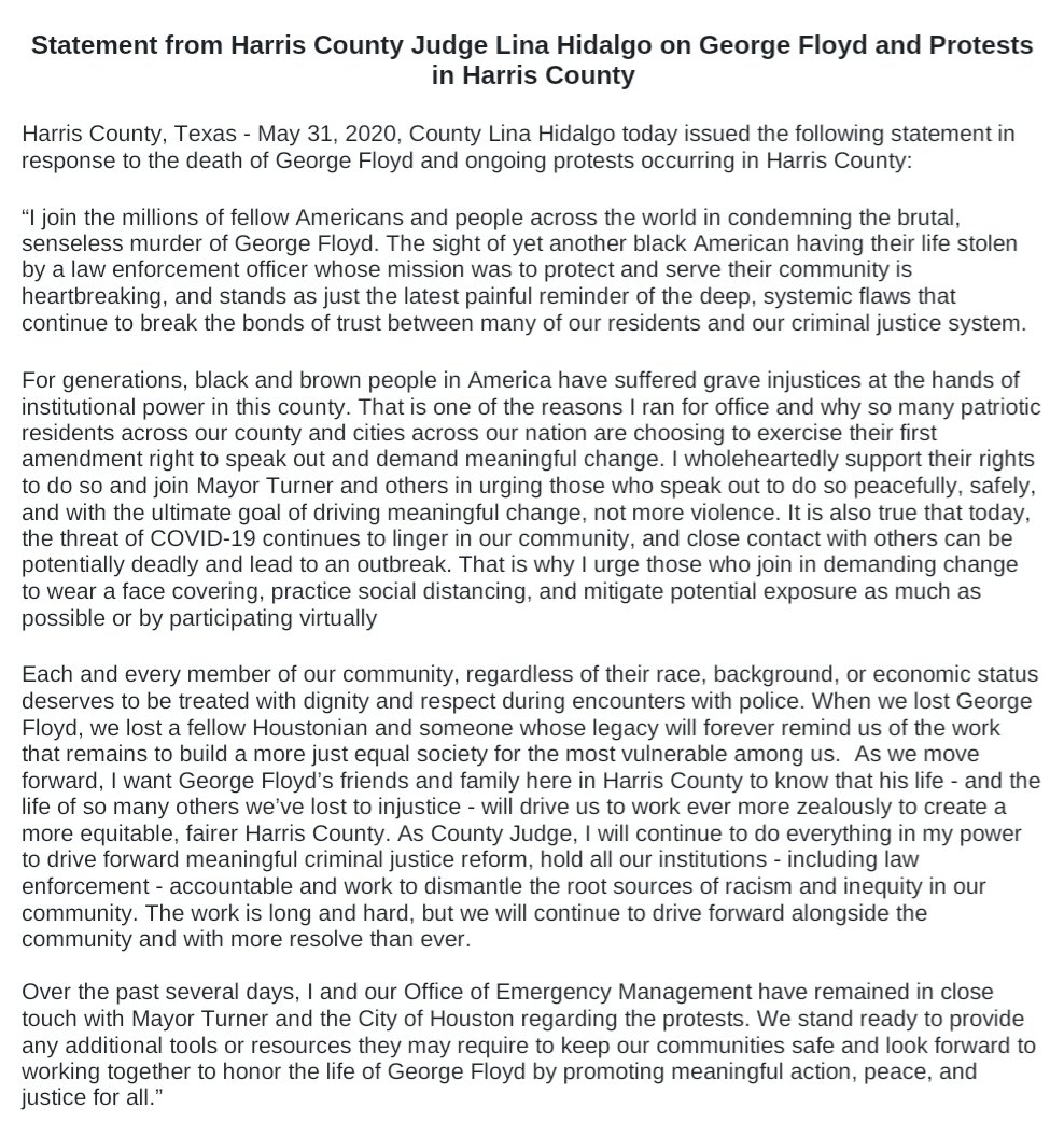 "Before I was an elected official, I was an activist. Black &amp; brown lives matter and I support those making their voices heard peacefully. Please remember, we are still in a pandemic that has killed 100k Americans and can spread like wildfire in large gatherings."-Judge Hidalgo