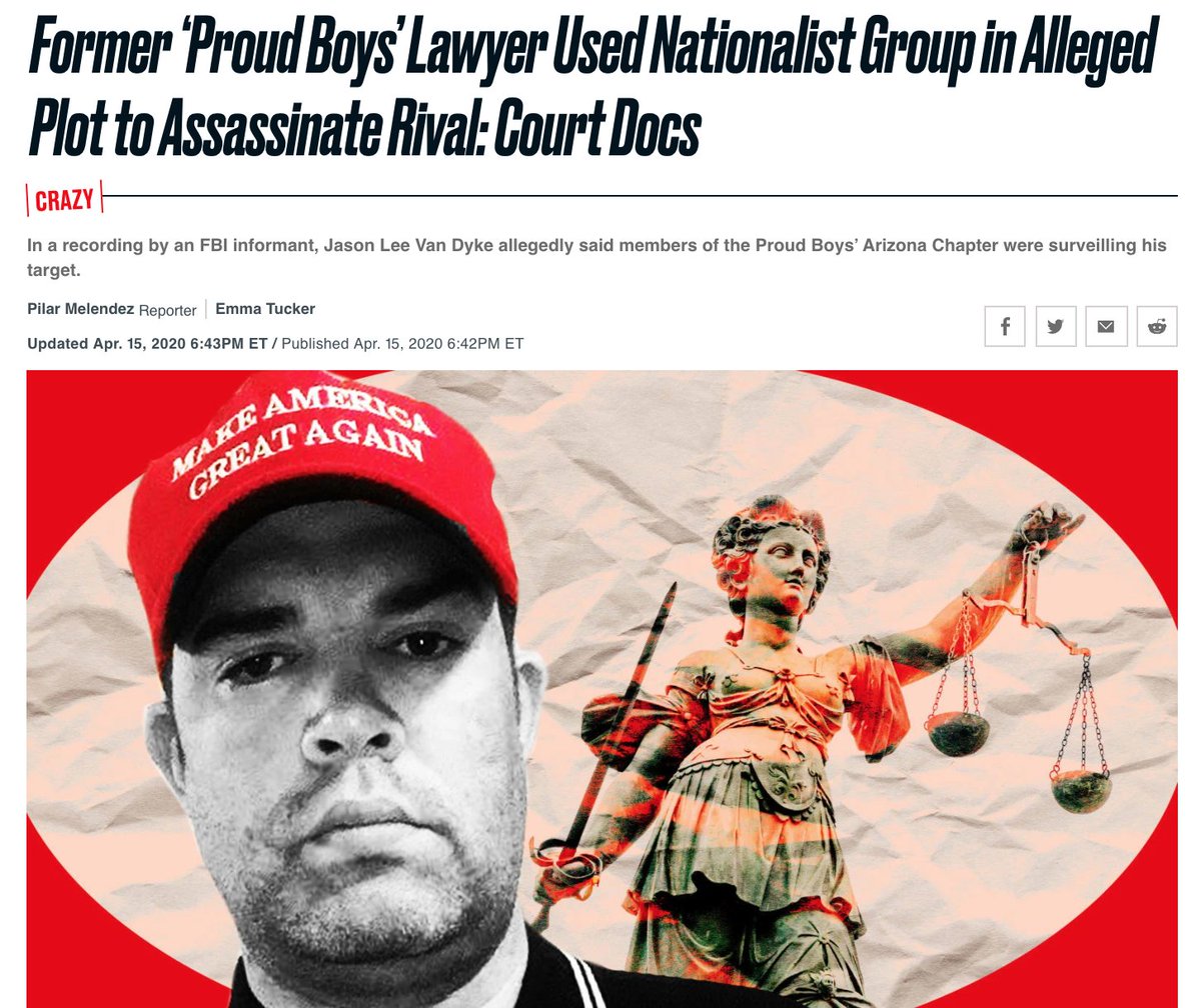 A former member of the Proud Boys, Jason Van Dyke, allegedly used an Arizona Proud Boy chapter in his plot to serval & injure or murder a longtime rival of his. https://www.thedailybeast.com/former-proud-boys-lawyer-jason-lee-van-dyke-allegedly-plotted-assassination-of-rival-court-docs-say