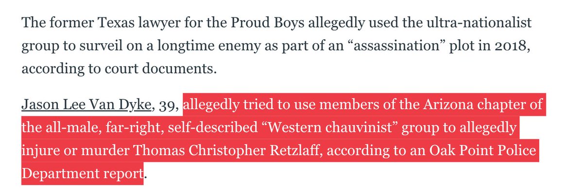 A former member of the Proud Boys, Jason Van Dyke, allegedly used an Arizona Proud Boy chapter in his plot to serval & injure or murder a longtime rival of his. https://www.thedailybeast.com/former-proud-boys-lawyer-jason-lee-van-dyke-allegedly-plotted-assassination-of-rival-court-docs-say