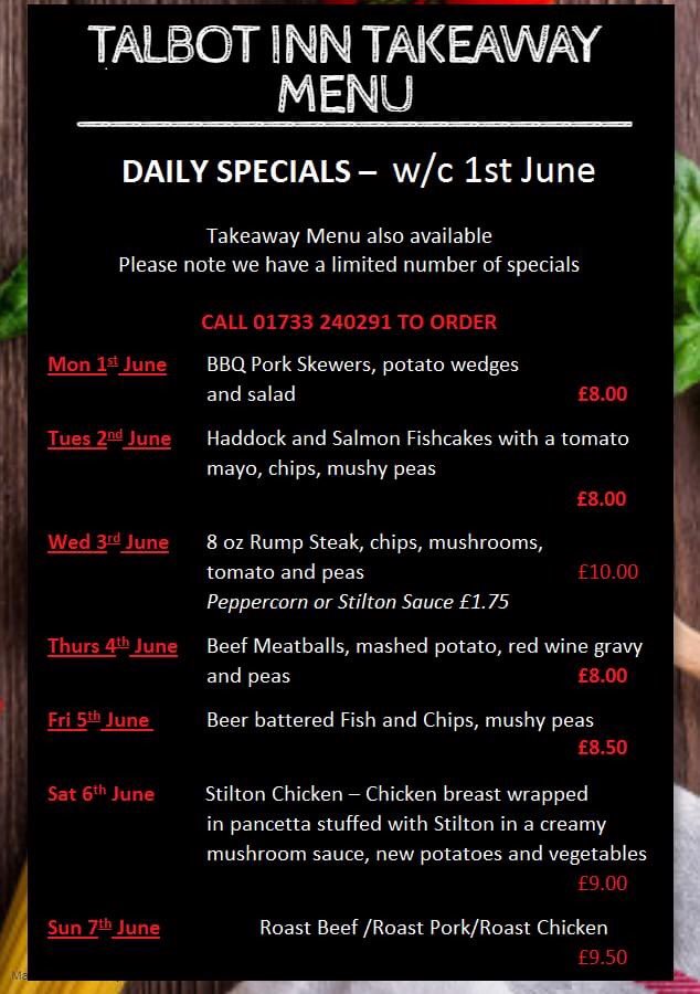 talbotstilton's tweet photo. As always your continued support is really appreciated. 

Below are this Week's Daily Specials, which will be available alongside our Takeaway Menu – these can be ordered on 01733 240291.

Available 7 days a week: Mon - Sat 5 - 9pm and Sun 12 - 3pm https://t.co/DnN3WETP03