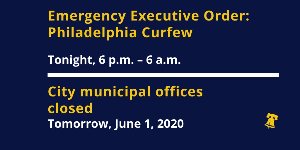 PhiladelphiaGov's tweet image. The citywide curfew in Philadelphia began tonight at 6 p.m. and will continue until 6 a.m. 

Out of an abundance of caution, City municipal offices will be closed tomorrow to ensure that first responders have full access to all parts of the city. bit.ly/2XfK15S