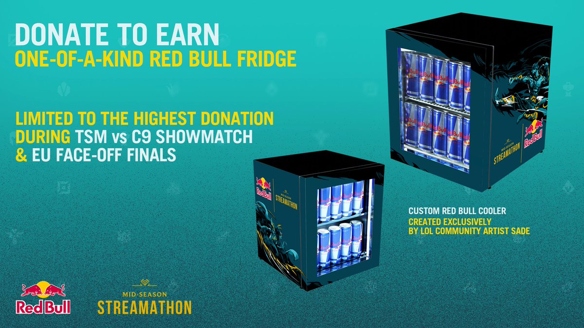 The top donations during the #EUFaceoff Finals and the TSM x C9 Showmatch will each receive a custom @redbullgaming fridge, designed by @ffSade! 👀 #MSS2020