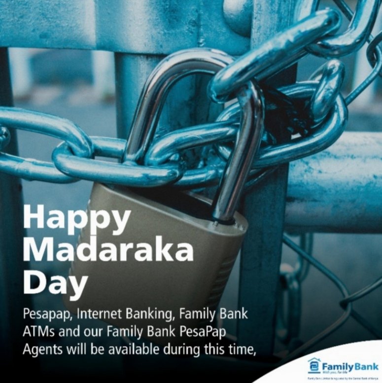 FamilyBankKenya's tweet photo. Dear customers, our branches will remain closed tomorrow, Monday 1st June 2020 as we celebrate Madaraka Day. During this time, we encourage you to access your account via our digital platforms. #WithYouForLife #StaySafeGoDigital https://t.co/0OEvebPknX