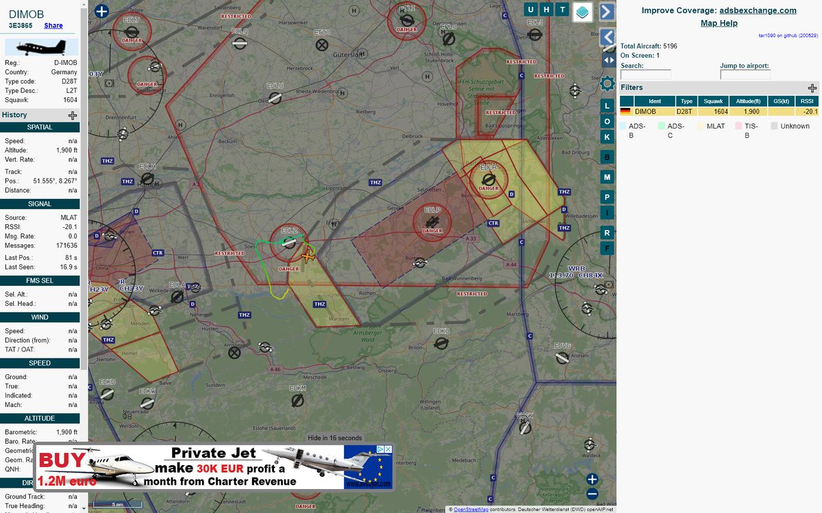 Radar_Assistant's tweet image. MANOEUVRING ALERT : At time Sun May 31 17:24:07 2020 #DIMOB    was likely to be manoeuvring at FL130 16nm from PAD Paderborn/Lippstadt_NDB-DME_DE
 near Lohne, Bad Sassendorf, Kreis Soest, Nordrhein-West #AvGeek #ADSB tar1090.adsbexchange.com/?icao=3e3865&amp;amp;z…