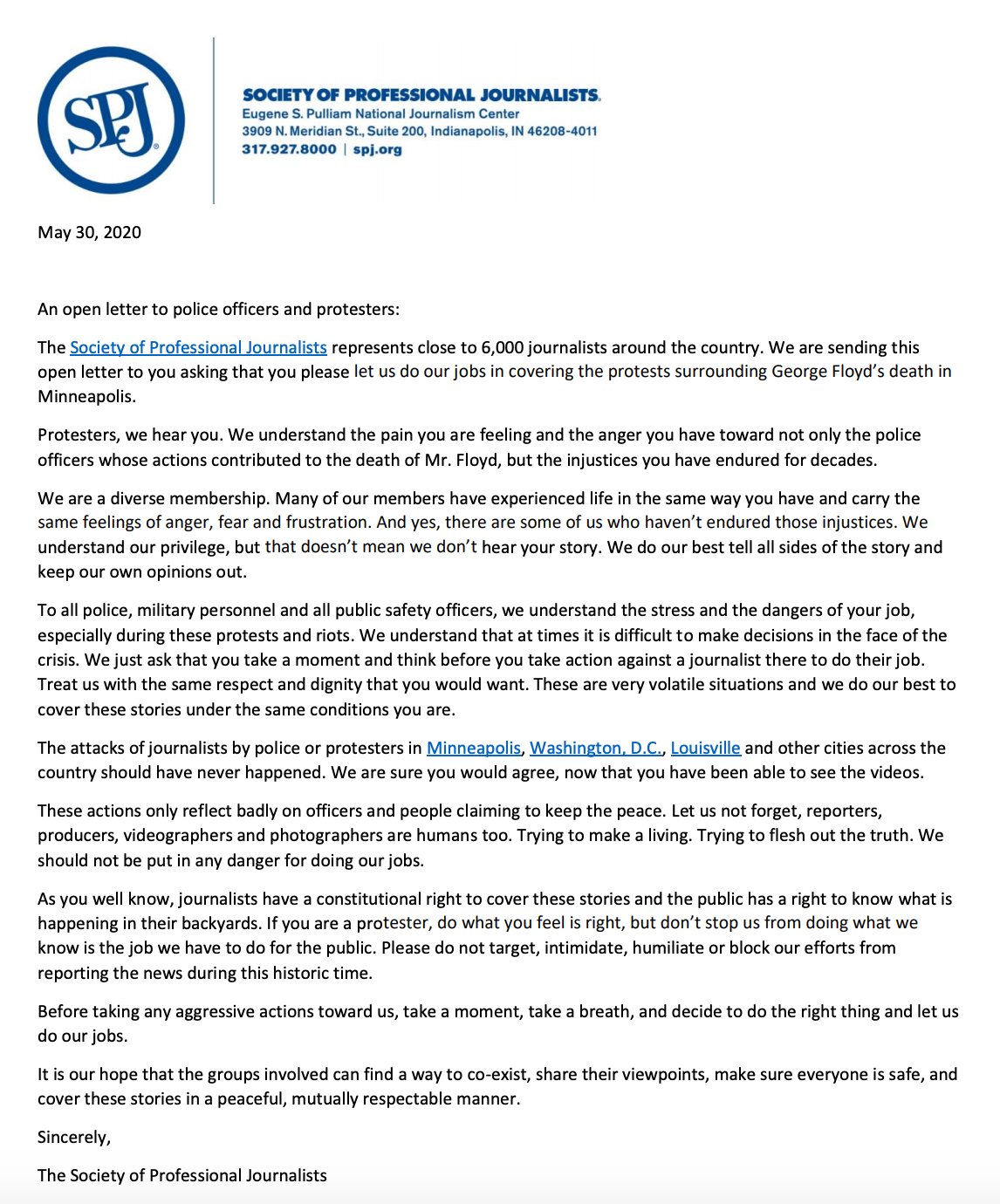 Society Of Professional Journalists Auf Twitter Icymi Spj Wrote An Open Letter To Police And Protesters Asking Them To Let Journalists Covering The Georgefloyd Protests Do Their Jobs The Attacks Of Journalists