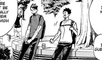 395 spoilers
iwa and ushijima had their own rivalry and animosities in hs (see bathroom scene) but look at them now giving each other advice, hanging out and being so kind