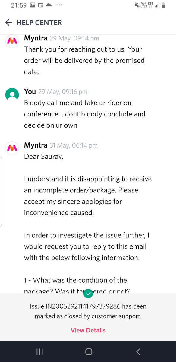 saurav25eon's tweet photo. @MyntraSupport @myntra 

Cheated!!

COMPLETE ORDER NOT DELIVERED
AND I PAID FOR COMPLETE ORDER

Story of @myntra helping dere customers

Raised request
In response it was concluded that i am lying order is delivered
Next Tweet https://t.co/qElr8kWzeJ
