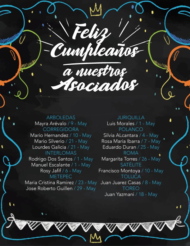 Proyecto_7's tweet photo. 🤩Hoy queremos felicitar y celebrar 🎉🥂 con todos nuestros Asociados de nuestras Sedes que cumplieron años durante mayo 🎂 y desearles un nuevo año lleno de salud y mucha prosperidad🥳 https://t.co/U9gMhEnMse