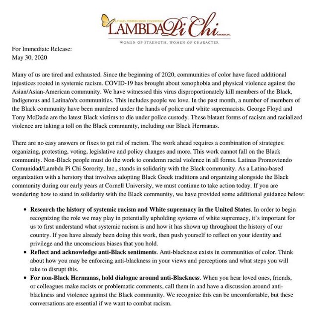 LPC_PiAlpha's tweet image. Las Hermanas of the NYC/Tri-State Professional Graduate Pi Alpha Chapter of Latinas Promoviendo Comunidad/Lambda Pi Chi Sorority, Inc. join in solidarity with the Black community. We hear you. We see you. We are here for you. 
Click the link in our profile for resources. #blm