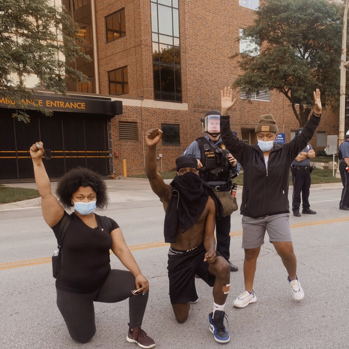 BarthelTaylor's tweet photo. #KCprotest 
we stand together , i want to give a big thanks to @BlakeBarnes12 for his random act of kindness (a lot of other people as well) for shielding me while they sprayed tear gas in my eyes, i want peace , i want love , i want our voices to be heard , is my brother next ? https://t.co/rbXOml7Mm8