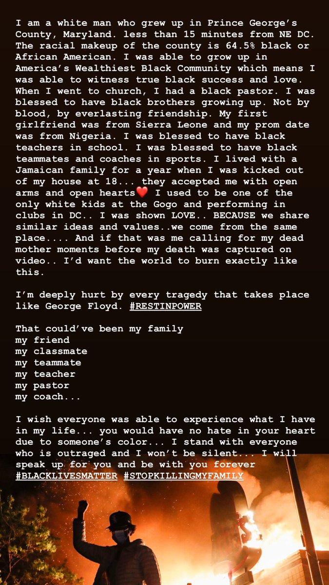 JakeManUP's tweet photo. Growing up in PG County, Maryland gives a young white man a different view on tragedies like this. I haven’t been able to put it in words really but I did my best.  
#BlackLivesMatter #StopKillingMyFamily https://t.co/HRpiZOCFAE