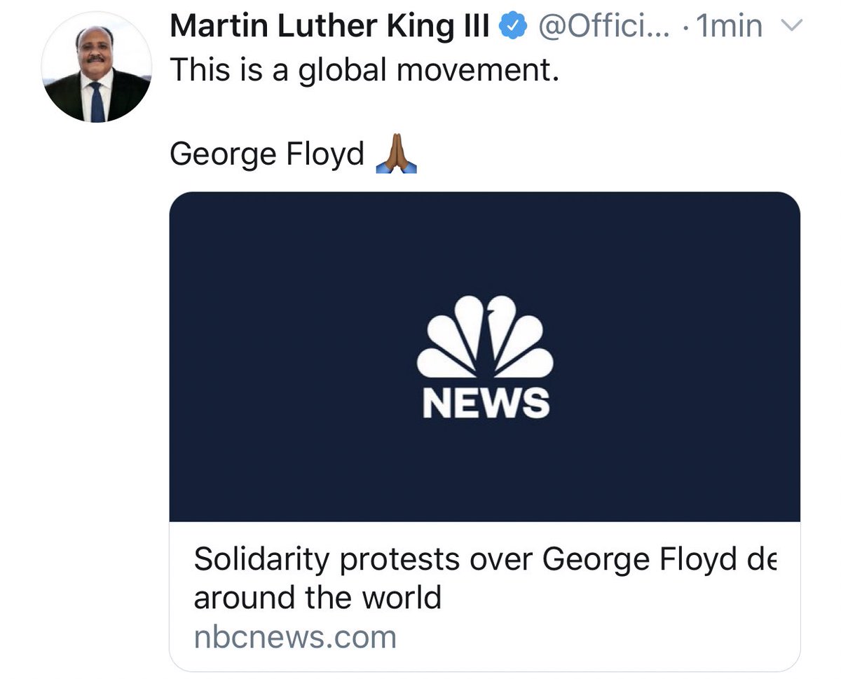 Pues su hijo  @OfficialMLK3 ha estado con todo en Twitter, porque el REPRESENTA una lucha que lleva años y a su padre que es un símbolo importantísimo para el movimiento. Y acaba de twittear y denominar al movimiento como GLOBAL (lo que les dije en la madrugada)