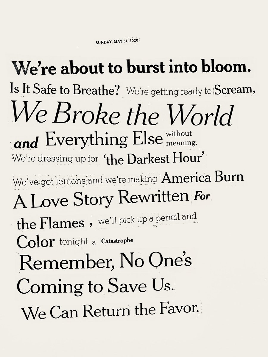 AnaisLaRocca's tweet photo. “Is it safe to breathe? We’re getting ready to scream...” 🌹A poem I cut from today’s @nytimes headlines ✂️ #BlackLivesMatter #riots2020 #protests2020 #GeorgeFloyd #BLACK_LIVES_MATTERS #sundayvibes #EndPoliceBrutality #GeorgeFloyd https://t.co/PClUSKNXpc