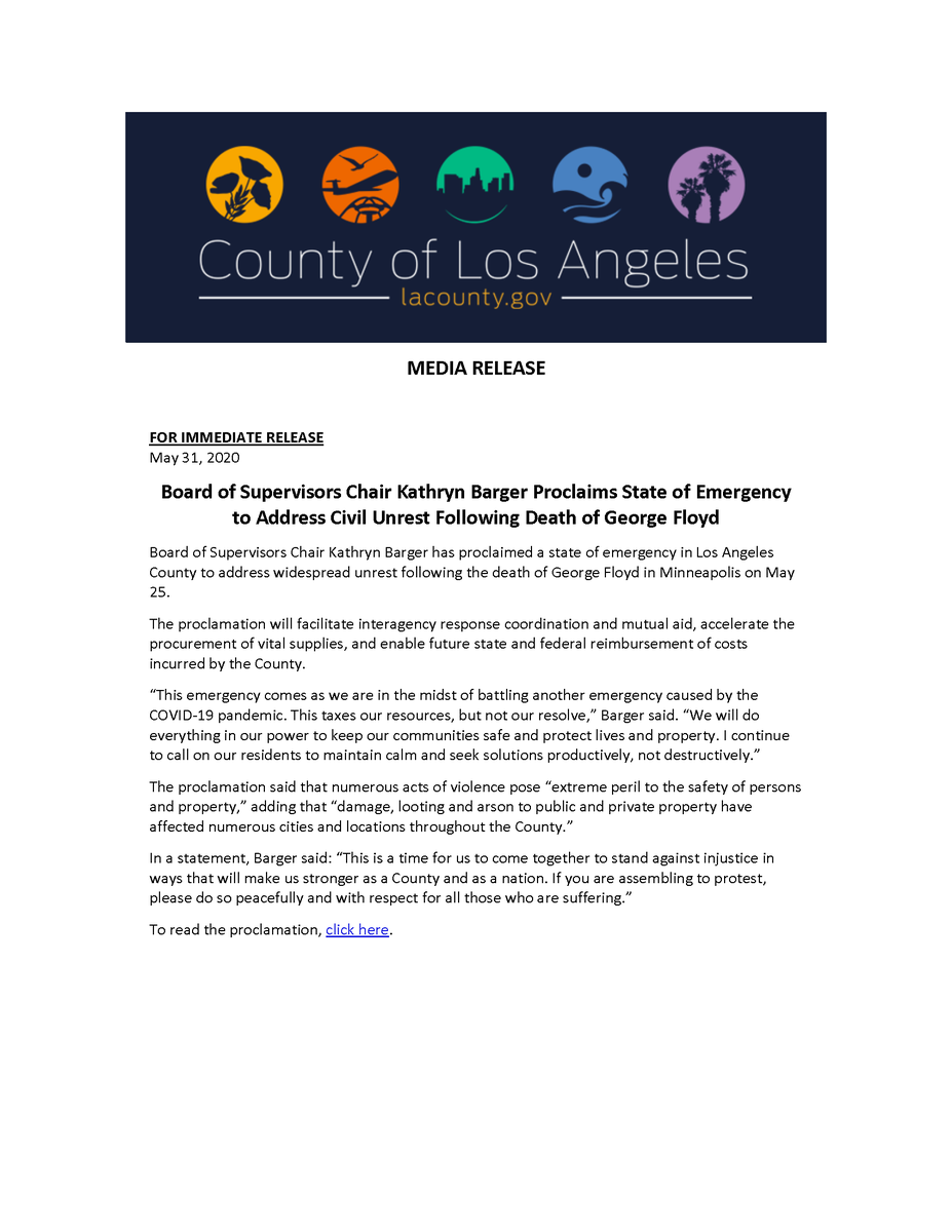 CountyofLA's tweet photo. Board of Supervisors Chair Kathryn Barger has proclaimed a state of emergency in Los Angeles County to address widespread unrest following the death of George Floyd in Minneapolis on May 25. Read the full proclamation ➡️https://t.co/8jSuk3y0pe https://t.co/wrs7EZSRBm