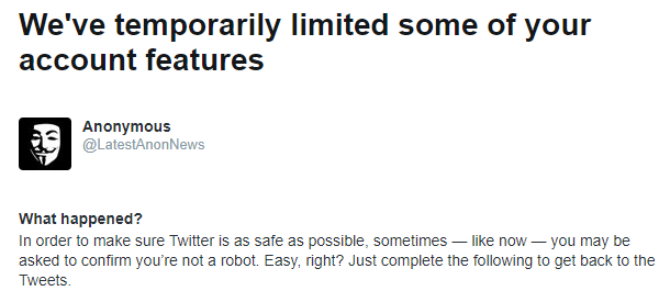 LatestAnonNews's tweet photo. Our account was briefly restricted by Twitter, will probably happen again. Stop censoring Anons @Twitter @jack! https://t.co/Jh22y03Dwi
