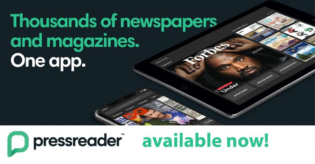 a photograph displaying a tablet showing the pressreader app on it's screen