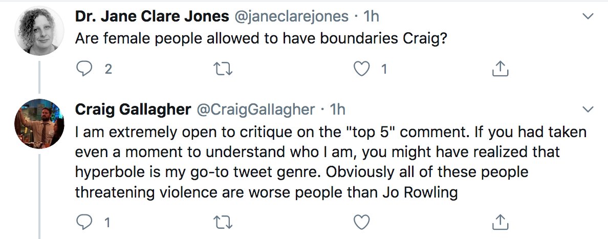 Scene 3:Woman: Here are some examples of the violent threats we are receiving. Do you think maybe these people are in the top 5 worse people on Twitter about Ms Rowling?Man: I was just being hyperbolic.