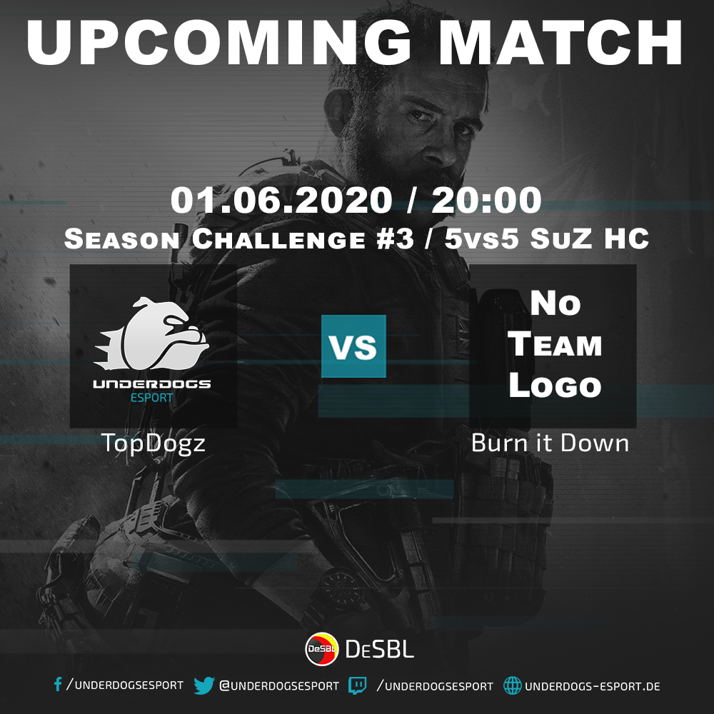 underdogsesport's tweet photo. Auf in den Challenge Day #3! Unsere #TopDogz starten in die nächste Runde des Challenge Day in der #desbl  gegen die Jungs von #burnitdown  am 01.06.2020 um 20 Uhr. Seit im Stream von https://t.co/OR17l8O9Xg dabei! Auf ein spannendes und faires Match! #weLetTheDogzOut! https://t.co/2AyzPkYHB1