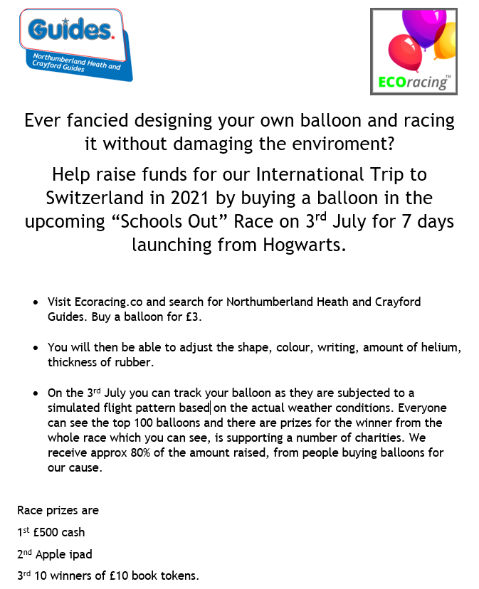 GGErithCrayDiv's tweet photo. Ever fancied taking part in a balloon race without the environmental impact?? Now you can!! Join two of our Guide units in their quest to raise funds for their international trip in 2021! Go to https://t.co/XgBPkQa1K4 and search for Northumberland Heath and Crayford Guides https://t.co/KTjwlH1eiQ
