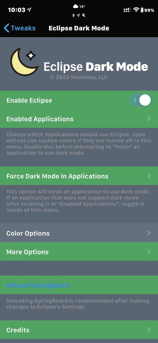 iamgroot11's tweet photo. Eclipse Dark Mode on iOS13 - @fr0st ill figure out a good colour scheme sometime. But damn, thanks for Eclipse! #ios13 #ios #iphone #cydia #jailbreak #unc0ver #sileo #getzebra #checkra1n #tweak https://t.co/hmh5233TDk