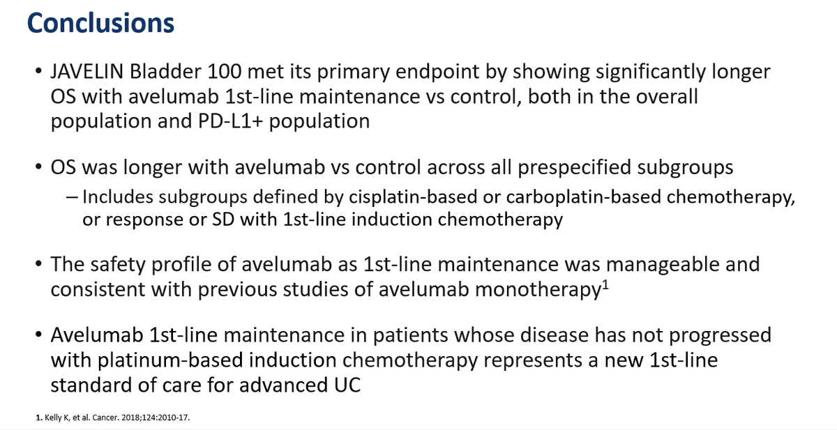 #ASCO20 Plenary ongoing LBA1: Most significant survival benefit seen with any immunotherapy in advanced UC #bladdercancer to date. First line maintenance Rx with avelumab improved OS . New standard of care. <a href="/tompowles1/">Tom Powles</a> <a href="/PGrivasMDPhD/">Petros Grivas</a> <a href="/ASCO/">ASCO</a>