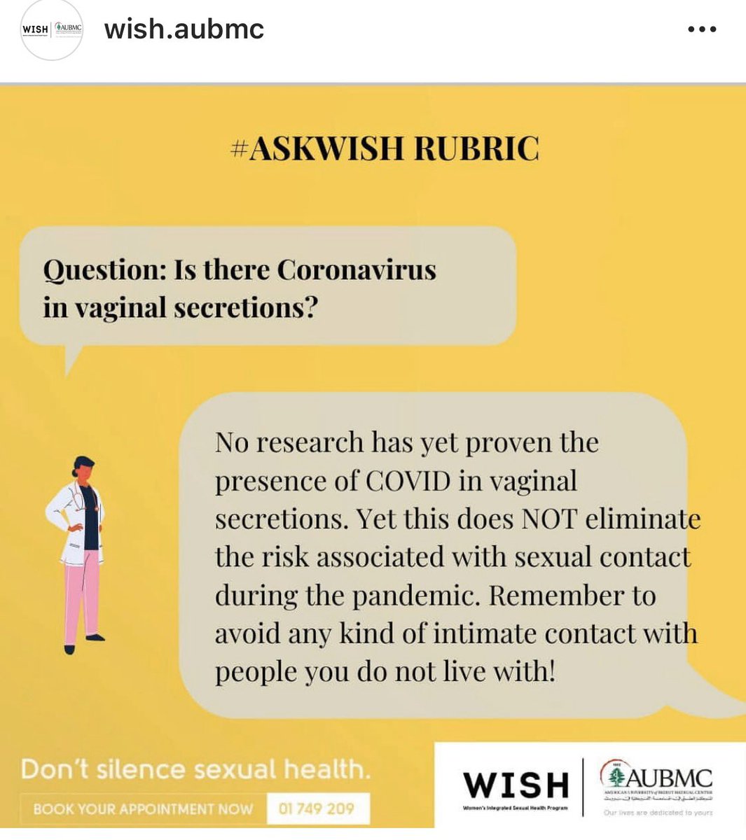 wish_aubmc's tweet photo. #AskWISH responds to your questions on #SARS_CoV_2 in #vaginalsecretions #spematicfluid #sexualhealth #sexual life during #Covid_19 #pandemic @wish_aubmc @AUBMC_Official @FHS_AUB @SexualTriangle @SRHMJournal @SRHRCommission @FIGOHQ @ISSM_INFO @ISSWSH @UNFPALebanon https://t.co/6ULAGAWsJg