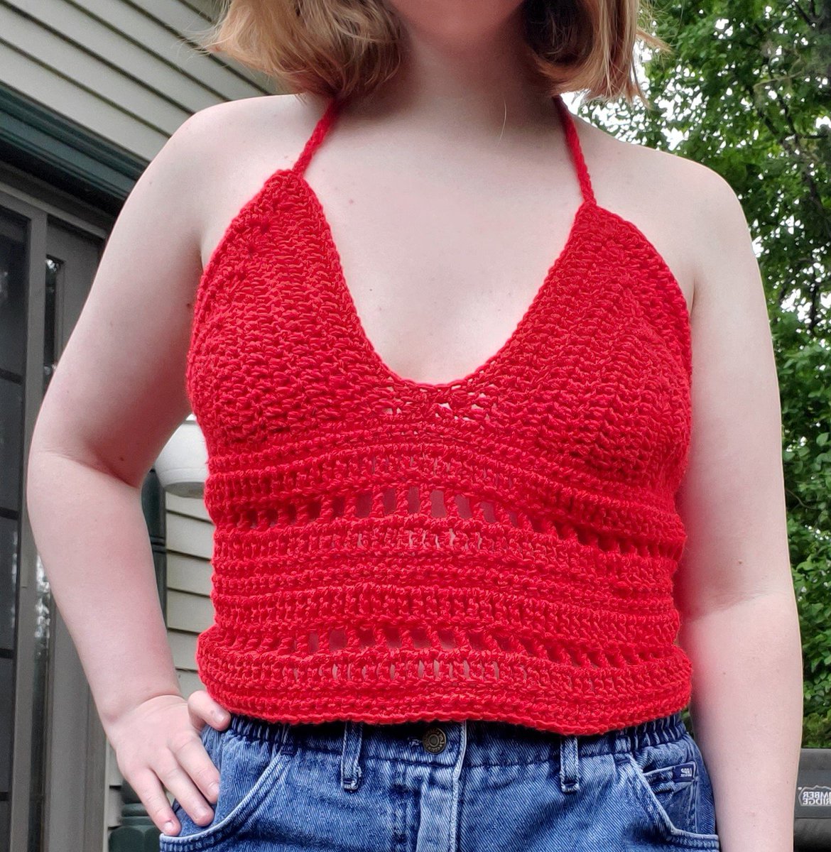 red hot tank top $22 + $5 shippingsize medium/large (D & DD cup)model wears size 32Dlace up back and tie around neck for flexible sizing
