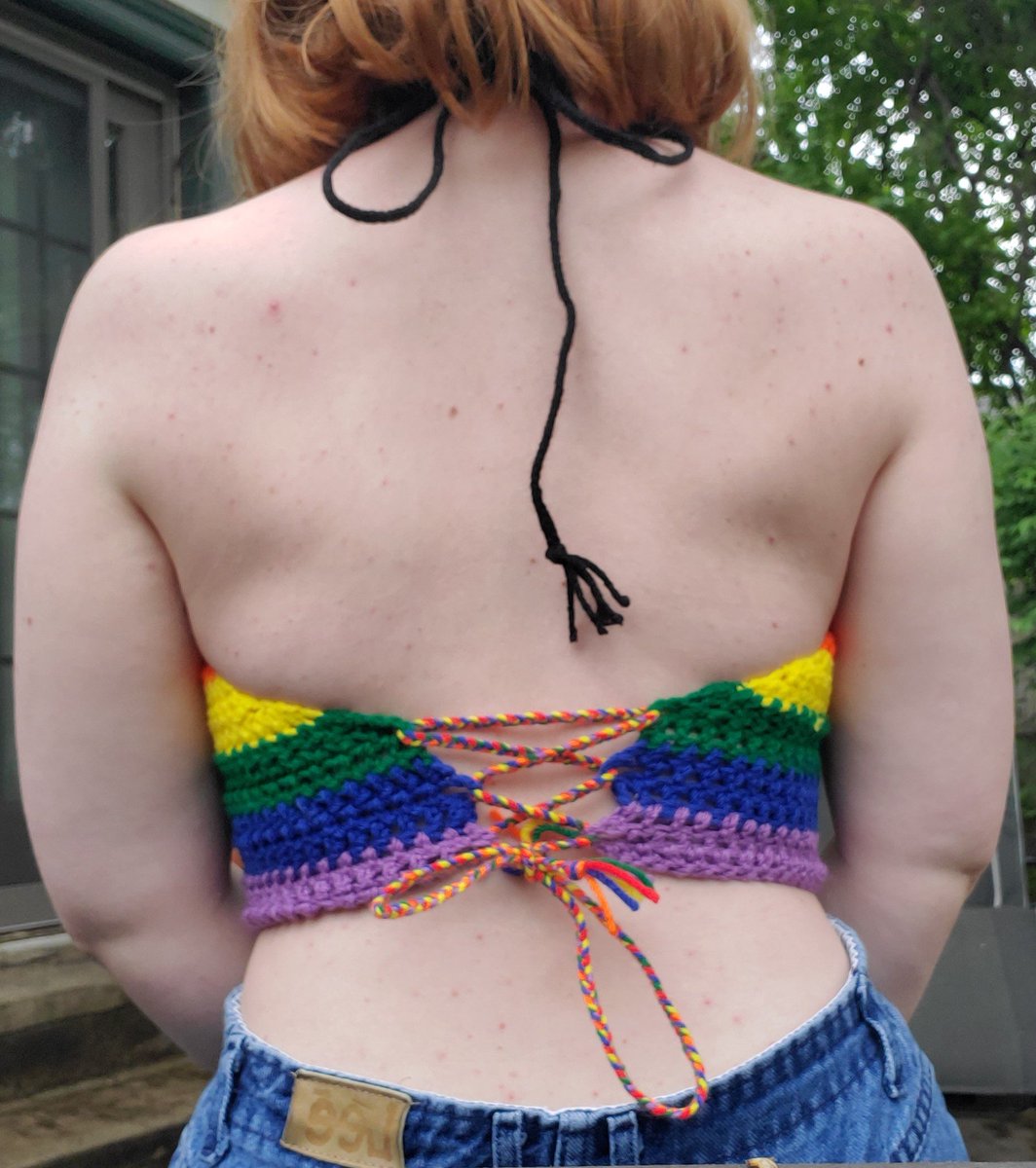 rainbow pride flag halter $20 + $5 shippingsize mediummodel wears size 32Dlaces up in back and around neck for flexible sizing