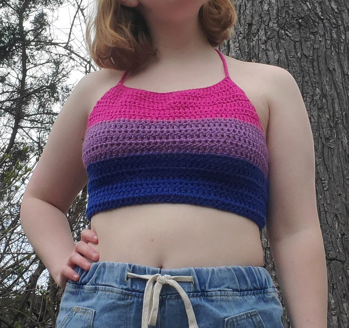 bisexual pride flag halter$20 + $5 shippingsize mediummodel wears size 32Dlaces up in back and around neck for flexible sizing