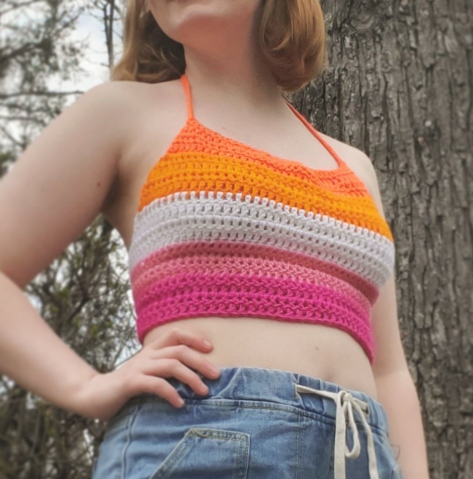 lesbian pride flag halter$20 + $5 shippingsize mediummodel wears size 32Dlaces up in back and around neck for flexible sizing