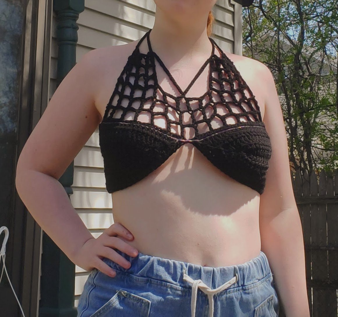 spiderweb bralette $22 + $5 shippingsize medium (C & D cup)model wears size 32Dlaces up in back and around neck for flexible sizing
