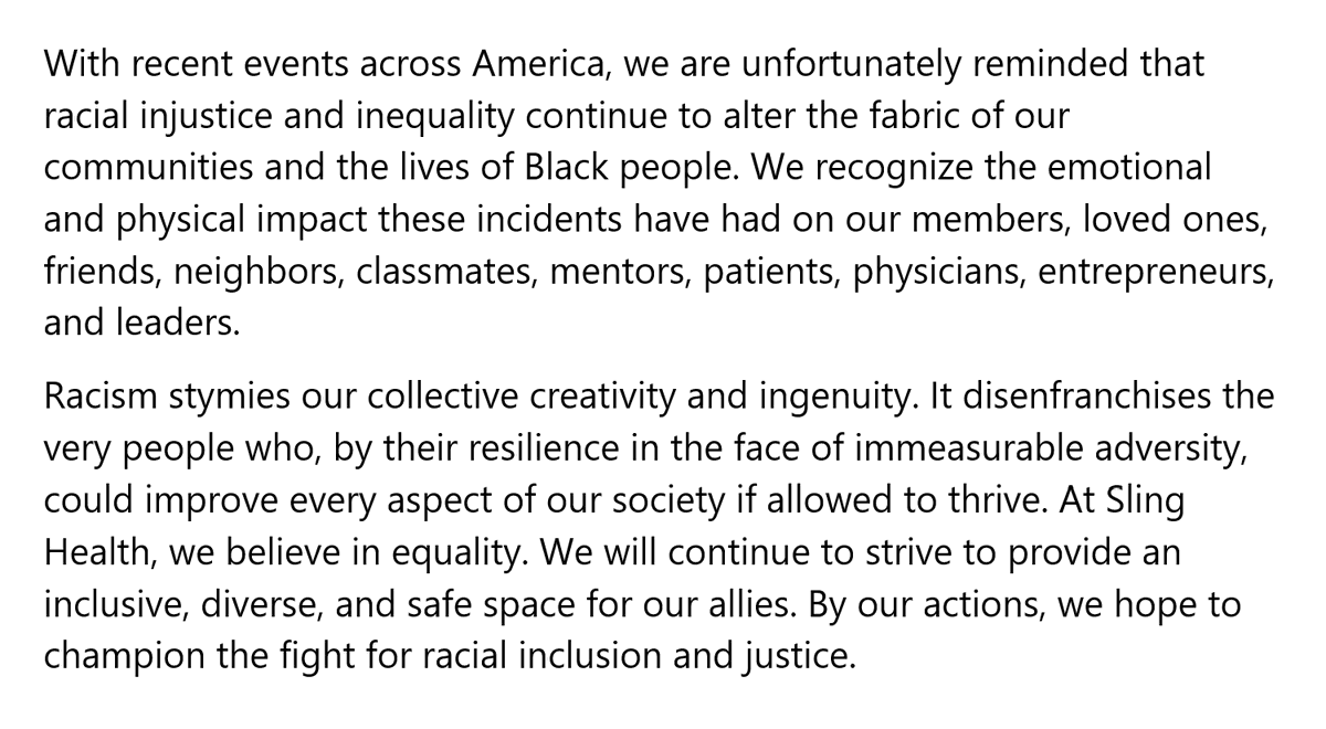 SlingHealth's tweet photo. At Sling Health, we strive to empower all students to pursue medical innovation. In light of recent events, please see our statement below: https://t.co/mHKhnXZJTi