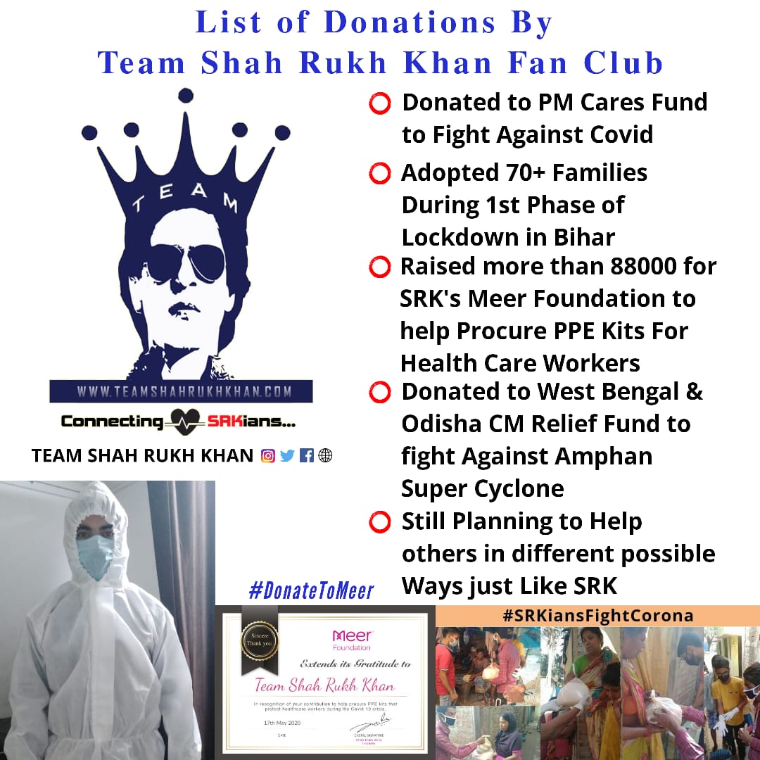 imsamsrk's tweet image. Following Our Idol's Footstep, Here's the list of efforts and initiatives by Team Shah Rukh Khan Fan Club So Far during 2 months lockdown period. #unlockone

In this hour of crisis, We're together! We're not just a fan club, we're family.
@iamsrk @RedChilliesEnt