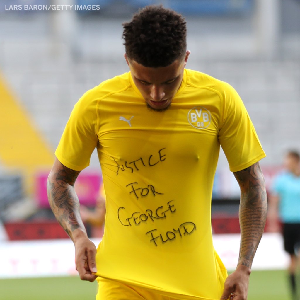 Jadon Sancho revealed a "Justice for George Floyd" shirt after scoring for Borussia Dortmund. 

(via <a href="/ESPNFC/">ESPN FC</a>)