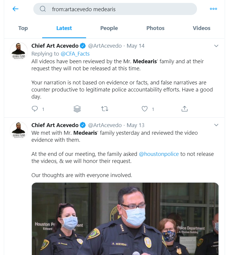 Earlier this month Adrian Medearis was killed by an HPD officer. Ac*vedo held a press conference before meeting with the family (see the tweet from the family). His tweets only talk about how he won't release anything publicly.  https://twitter.com/AudrickMedearis/status/1259928216887799809