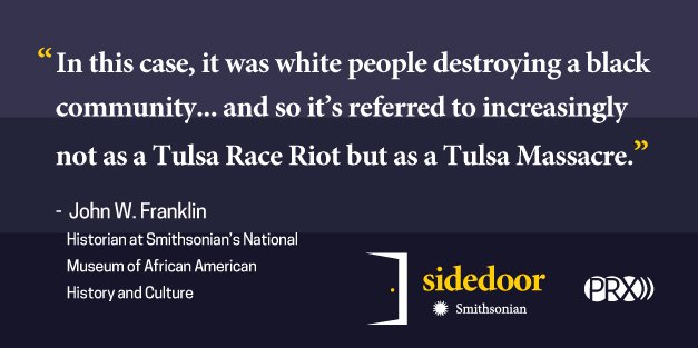 The Tulsa Massacre’s repercussions—and questions of race, memory, and repair—continue to resonate in Tulsa and across the nation. Hear how the events that destroyed a black Tulsa community were more than a race riot via  @SidedoorPod:  http://s.si.edu/2TWuRQN 