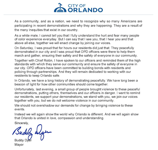 orlandomayor's tweet photo. I want to remind residents that we support your demonstrations, we stand with you, we join our voices together with you, but we do not welcome violence in our city. Instead we can again show that Orlando is united in love, compassion and understanding. https://t.co/J4fNbZbuui