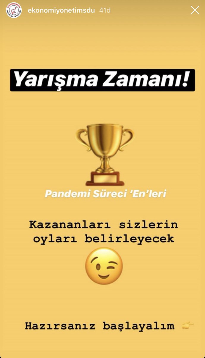 ekonomiyonetim's tweet photo. Süleyman Demirel Üniversitesi Ekonomi Yönetim Topluluğu olarak “Pandemi Sürecinin EN’leri”ni seçiyoruz 🎉 

🏆Kazananları sizlerin oyları belirleyecek.

👇Linkteki instagram hikayelerinden oylamanı yapabilirsin
https://t.co/Gmv9SA5FUQ 

#ilhamverenüniversite 
#ilhamverentopluluk https://t.co/ReqOV8U6Xh