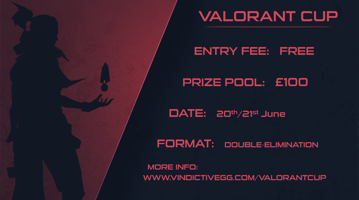 GTNetworkGG's tweet photo. [Valorant Cup]

We are happy to announce our first #VALORANT event 

Entry Fee: Free
Prize pool: £100
Date: 20/21 June
Format: Double-Elimination

Sign up: https://t.co/H3Y7rOsOWB

#Vindictive #eSports https://t.co/vym4HMuZfl