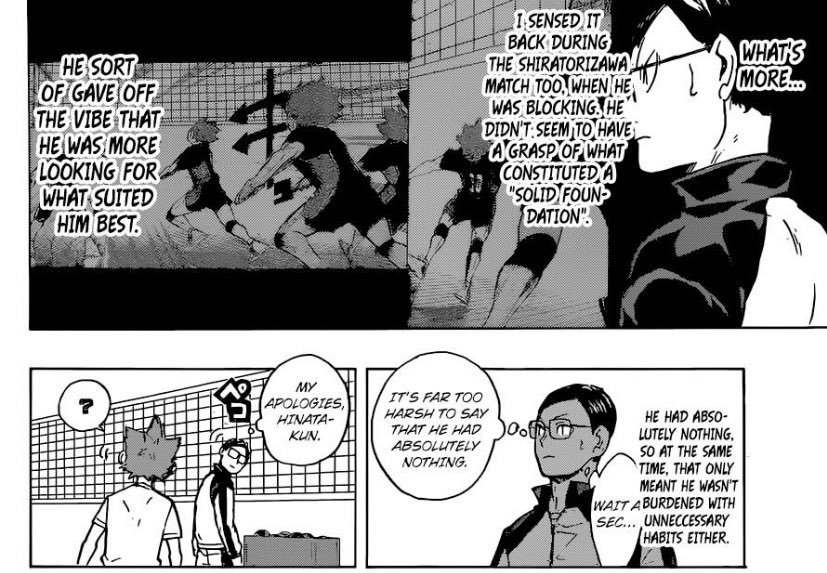 Hinata sprouted from the concrete, and got to build himself from the ground up, whereas Ushijima was born lucky. With that gift comes expectations and a more set in stone version of your strength, whereas Hinata was a blank slate that could absorb from everyone.