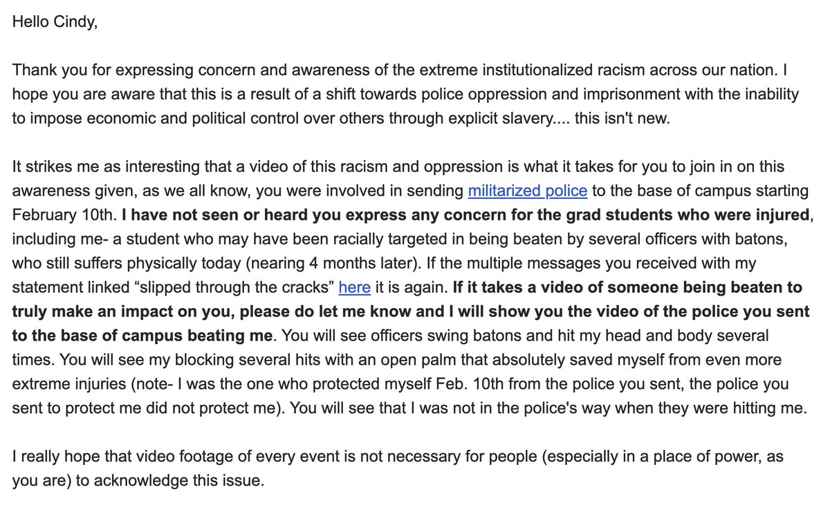 A student who was beaten by riot cops <a href="/UCSC/">UC Santa Cruz</a> brought to police the strike sent a powerful response to the bs "statement" the Chancellor wrote. 
"I really hope that video footage of every event is not necessary for people (especially in a place of power) to acknowledge this issue."