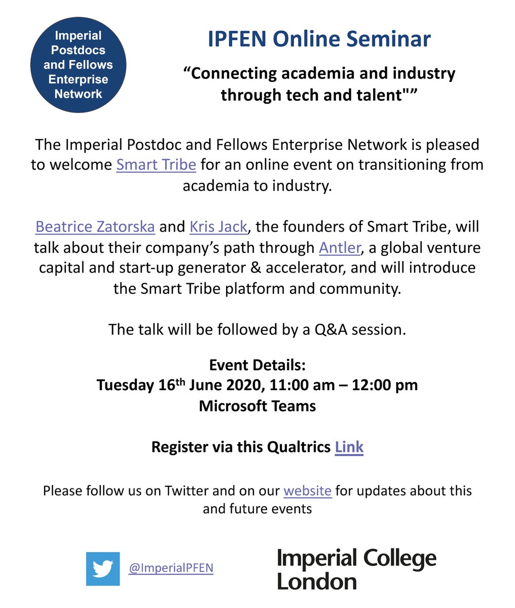 ImperialPFEN's tweet photo. Following our fantastic event on academia/industry collaborations with @ImperialIdeas, we will have @smarttribe_io for an online event for @imperialcollege early career researchers, on transitioning from #academia to #industry. Register here https://t.co/oNmSmhdzrM @ImperialPFDC https://t.co/3Jckc5rQ9c