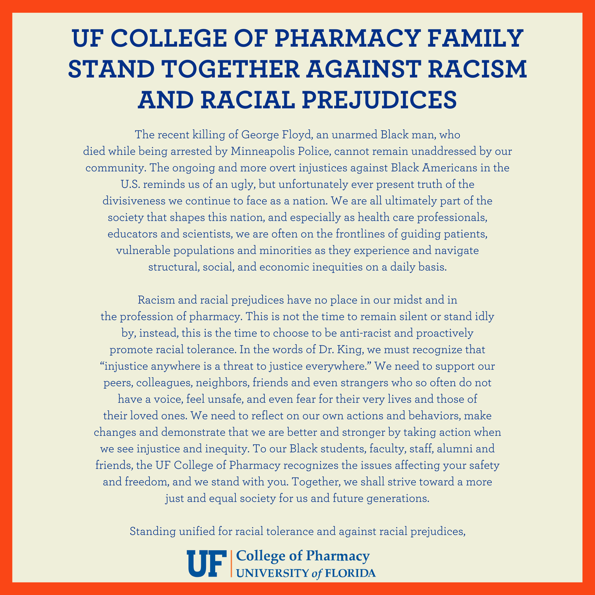 UFPharmacy's tweet photo. UF College of Pharmacy Family Stand Together Against Racism and Racial Prejudices. Read full statement: https://t.co/TOAJiy47t8 https://t.co/PHJ81Kjlwd