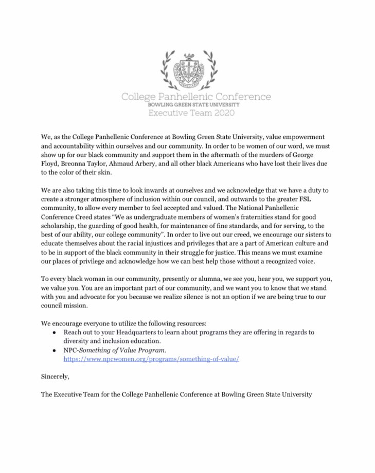 The following statement is from the College Panhellenic Conference’s Executive Team on the recent racial injustices in the US.