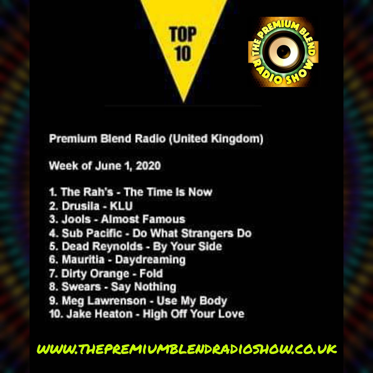 PremiumBlendRad's tweet photo. This weeks Top 10 Tunes of The Week

1 @therahsmusic 
2 @DrusilaWeAre 
3 @joolsbandjools 
4 @sub_pacific 
5 @dead_reynolds 
6 @wearemauritia 
7 @dirtyorange3 
8 @SWEARSband 
9 @immeglawrenson 
10 @HEATONMUSIC_ 

https://t.co/UzlYgZDcpE

#Top10 #Top10Chart #IndieChart #SundayVibes https://t.co/7lEBMlllhu
