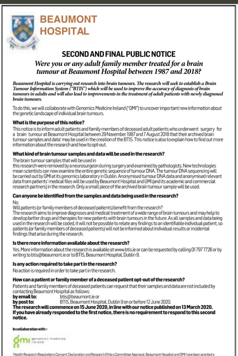 A story going under the radar. If a family member had a brain tissue sample taken in Beaumont Hosp between 1987 & 2018, it's being given to a company called GMI. (Possibly 9,000 patient's samples) See thread below. It's an opt out system and the closing date is 12th June. 1/5