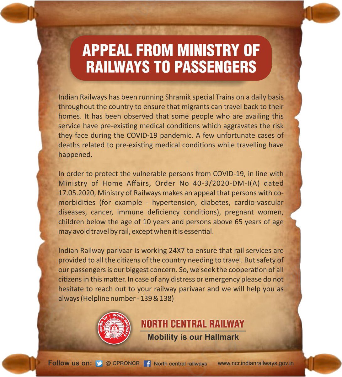 North Central Railway is committed for your safe and comfortable Rail travel.

Please take care of these important things before traveling.

#SafeRailways

<a href="/GMNCR1/">GMNCR1</a>  <a href="/GM_NRly/">GM Northern Railway</a>