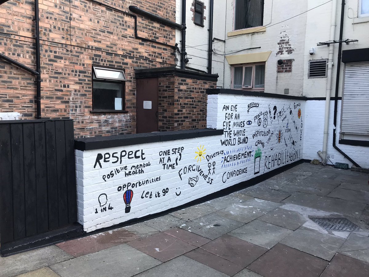 PlaceWilton's tweet photo. And it’s finished!! So much hard work has gone into this, it began with pointing and sanding and finished it with painting and decorating! Featuring words and phrases chosen by staff & residents that represent the values of Wilton Place and residents’ journeys 👏🏻 #TheWallProject https://t.co/B3V9al47cB