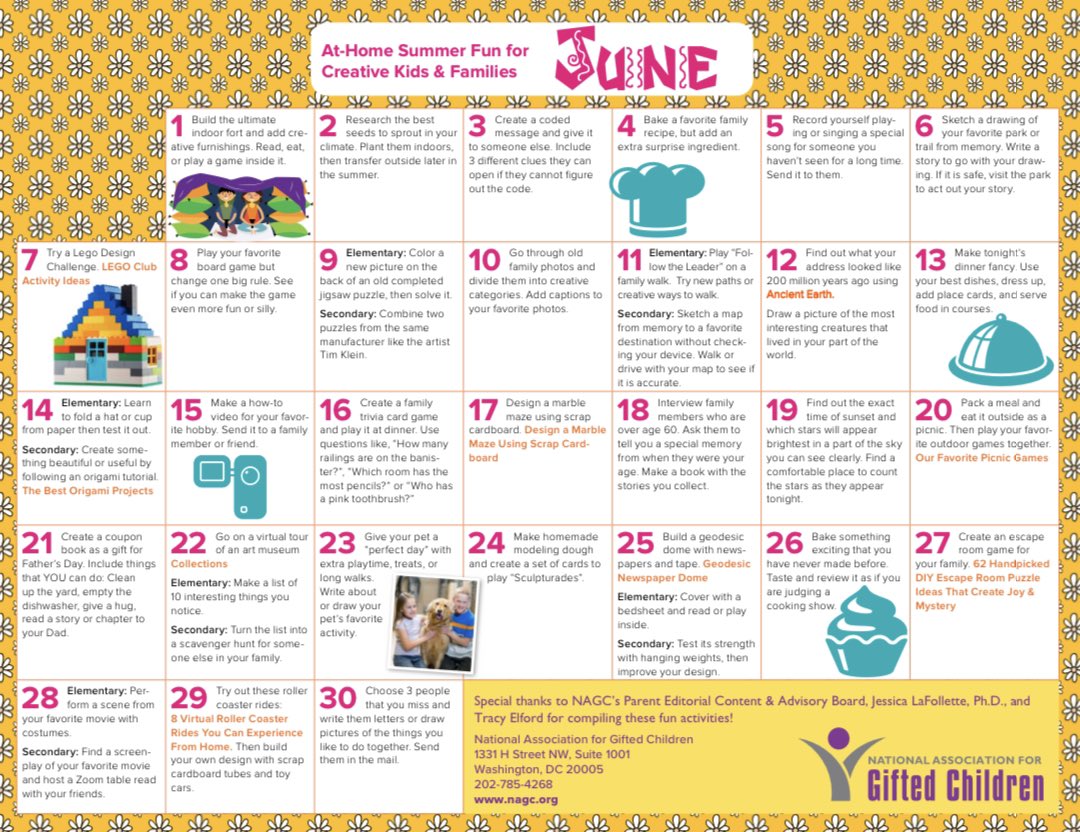 HCS_Advanced's tweet image. Looking for ways to engage children in fun activities that spark creativity?  Try these suggestions from NAGC.  #NeverStopLearningHCS #SparkCreativity nagc.org/sites/default/…