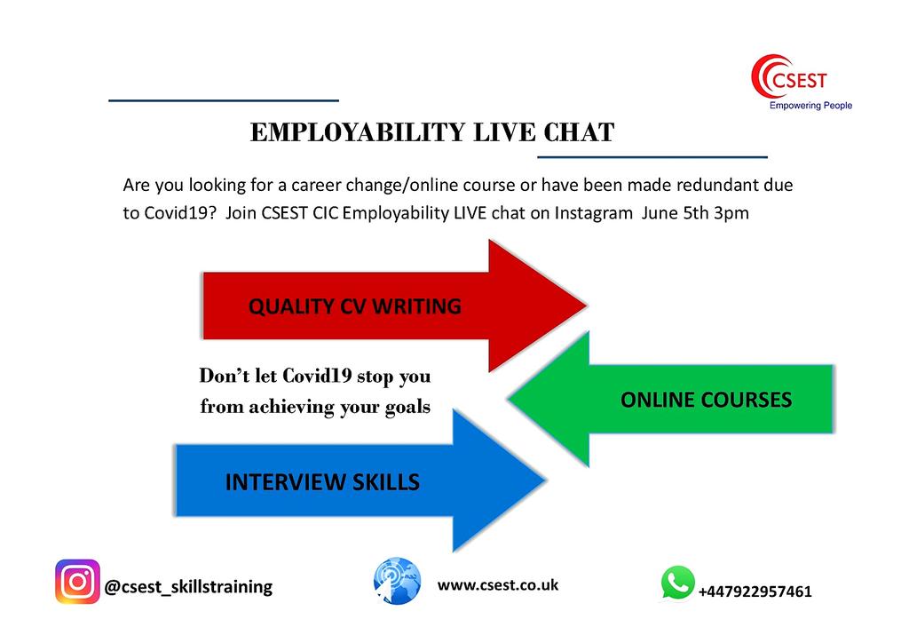 We will be live on the 5th June at 3pm to discuss employment and upskilling opportunities, CV writing ✍ and interview tips and guidance. 

#skillsuk #redundancy #onlinelive #onlinelearning #COVID19 #live #ConnectedTogether <a href="/Brent_Council/">Brent Council</a> <a href="/AhmadSh36005152/">Ahmad Shahzad OBE</a> @ccf_cricklewood